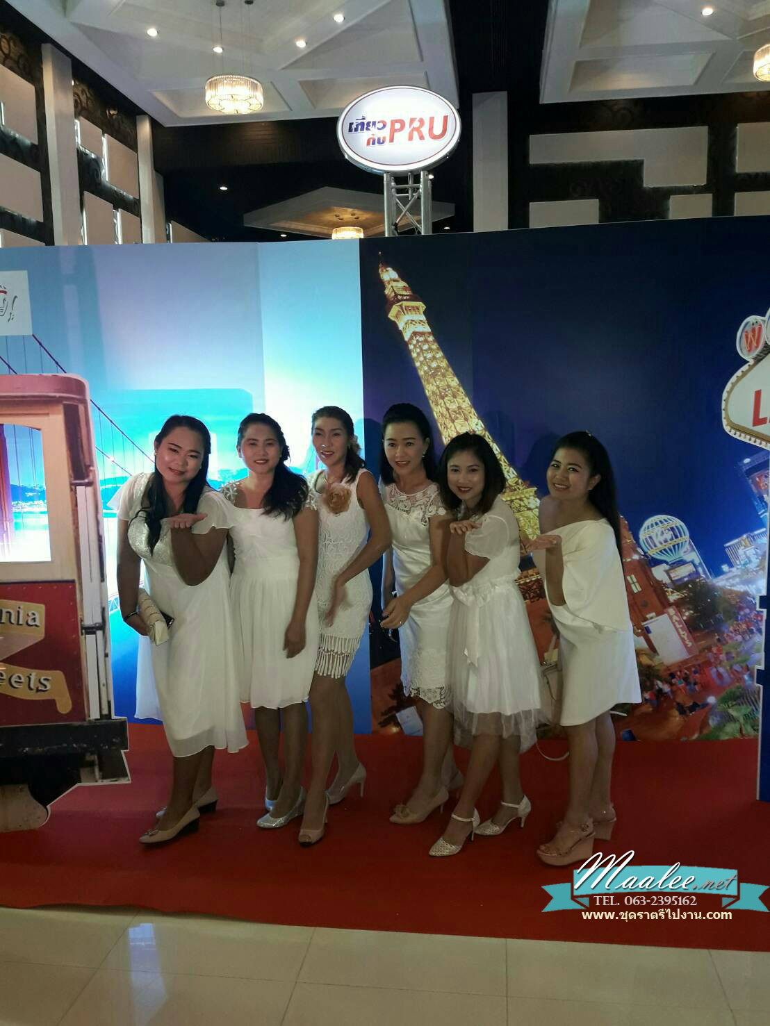 พร้อมเช่า ชุดราตรี สีขาว แขนสั้น ลูกไม้ฉลุ กระโปรงผ้าชีฟอง 2XL- 6XL (เชือกผูกหลัง)