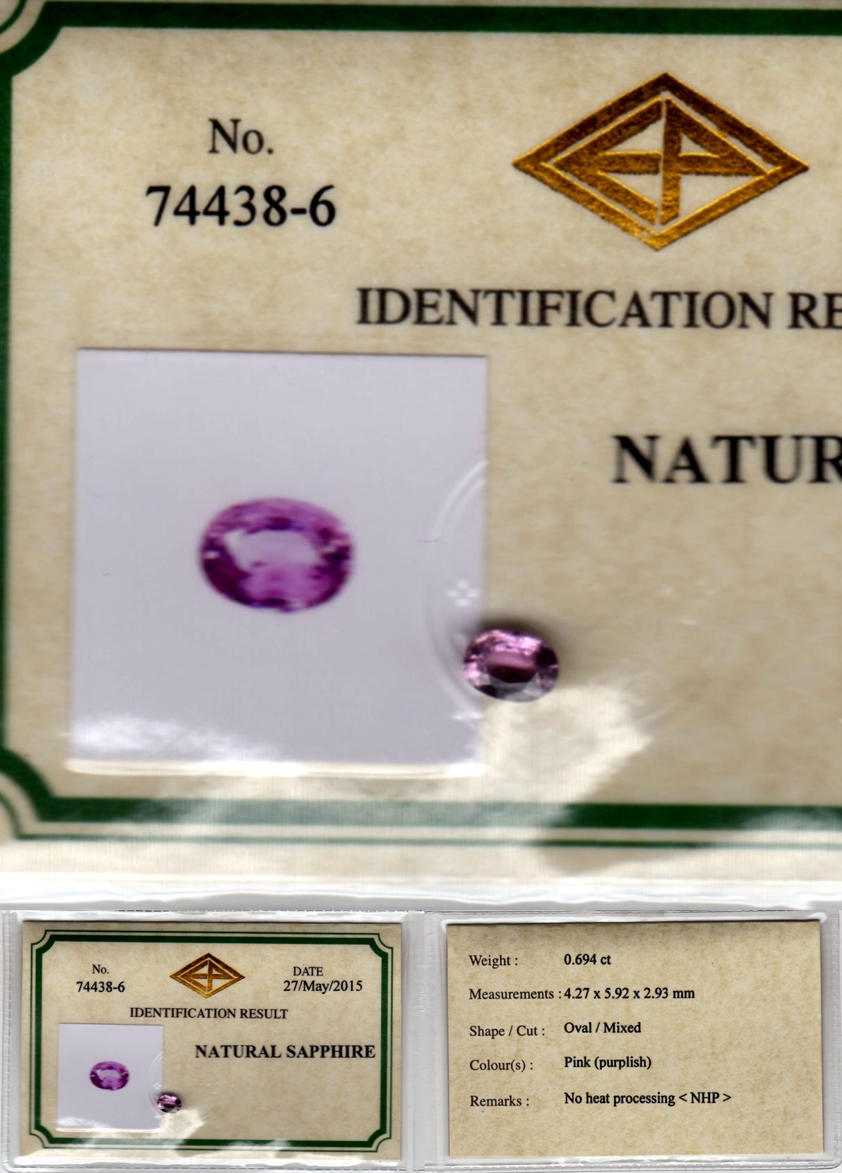 พิ้งค์แซฟไฟร์ไม่ผ่านการเผา Natural Unheated Pink Sapphires 天然無頭粉色藍寶石 Weight 0.694 ct Clarity VS