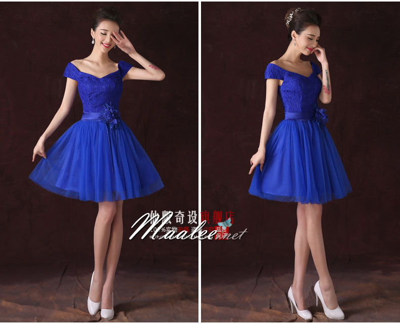 พร้อมเช่า ชุดราตรีสั้น ชุดเพื่อนเจ้าสาว แบบ F ไหล่ปาด อกแต่งลูกไม้ พร้อมเข็มกลัดดอกไม้ (เชือกผูกหลัง )