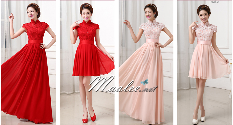 พร้อมส่ง ชุดราตรีสั้น สีแดง แขนสั้น คอจีน ลูกไม้ฉลุ กระโปรงผ้าชีฟอง