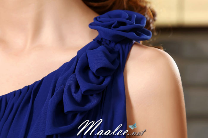 พร้อมส่ง ชุดราตรีสั้น เกาะอก ไหล่เดียว สีม่วง Lavender แต่งดอกไม้ช่วงไหล่