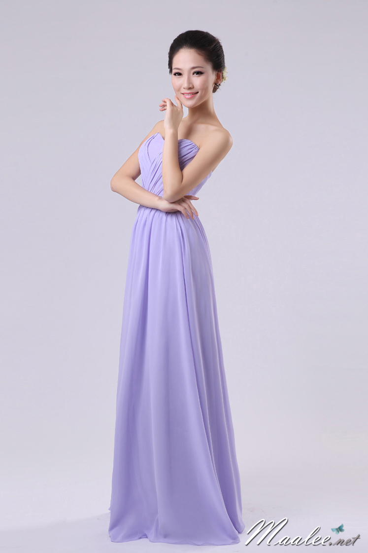 พร้อมส่ง ชุดราตรียาว เกาะอก ผ้าชีฟอง สีม่วงอ่อน คอเว้า Sweet Heart จับเดรป แต่งเลื่อมที่เอว
