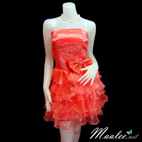 Sale ชุดราตรีสั้น เกาะอกผ้าแก้ว สีแดง แต่งโบว์ที่เอว ชายกระโปรงระบายบางใสน่ารัก