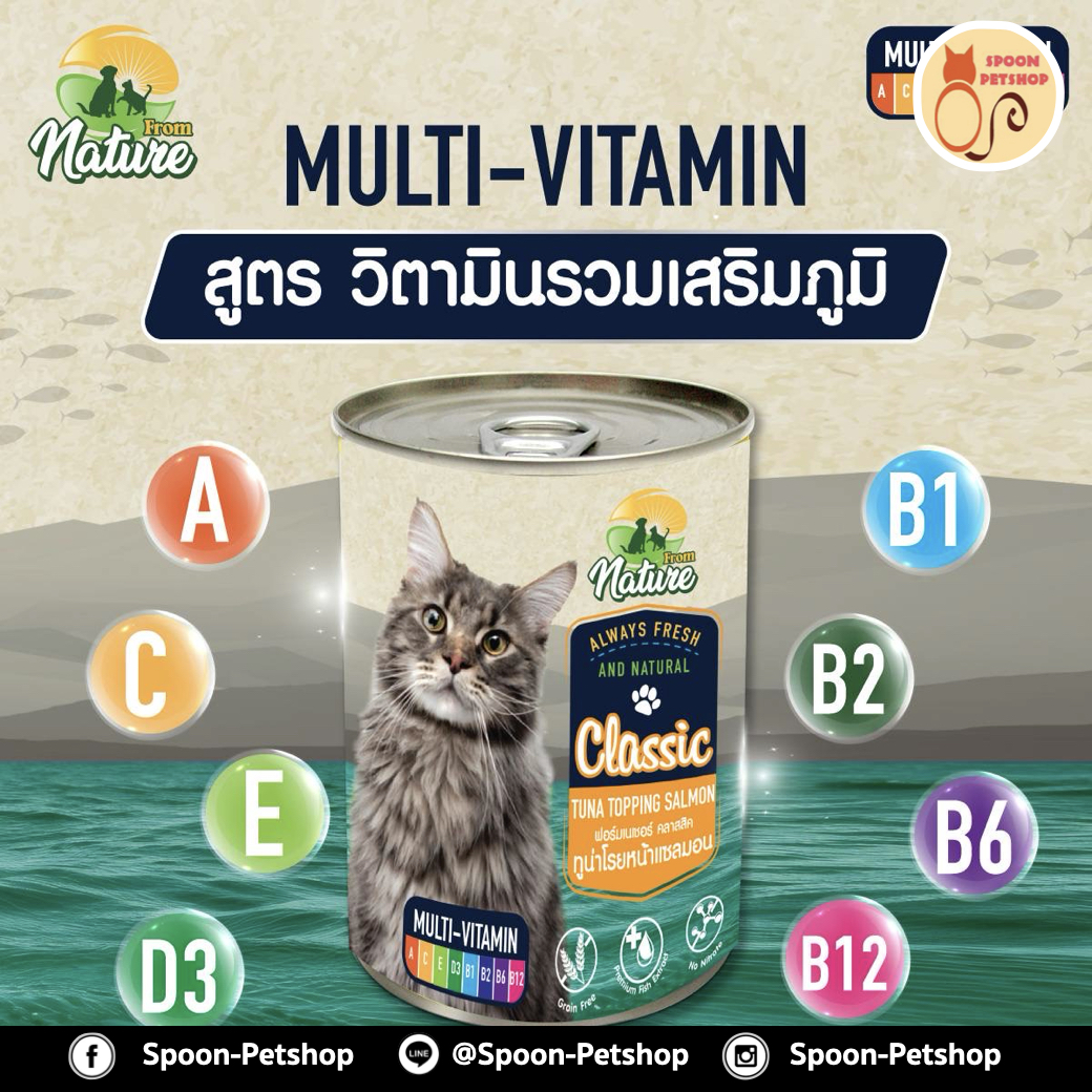 From Nature อาหารเปียก กระป๋อง ฟรอมเนเจอร์ สำหรับแมว สูตรมัลติวิตามิน รสทูน่าโรยหน้าปลาข้าวสาร ขนาด 400 กรัม