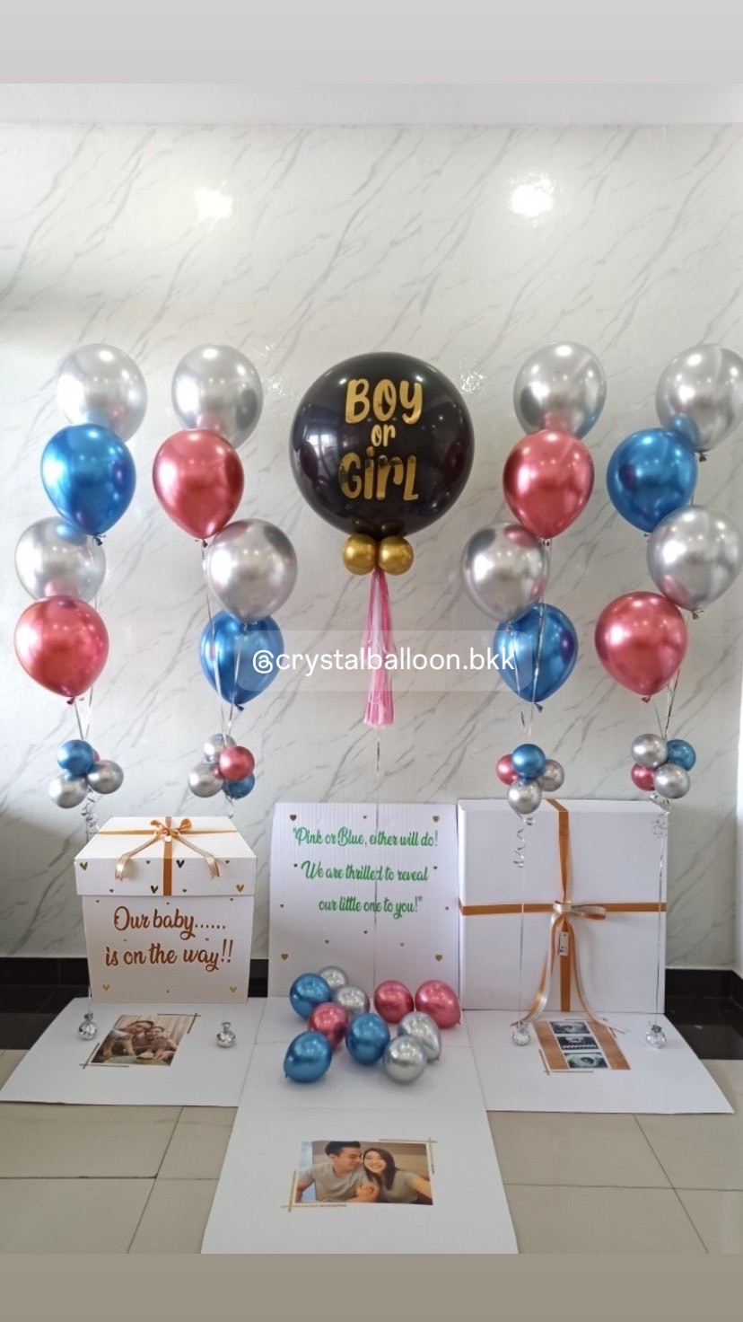 Gender Reveal Surprised Box กล่องเซอร์ไพรส์ทายเพศ ลูกโป่งยาง ขนาด 24" ลูกโป่งช่อ 4 ลูก 4 ช่อ ,พร้อมตกแต่ง สามารถใส่รูปได้ 4 ใบ สามารถเปลี่ยนสีลูกโป่ง/เปลี่ยนข้อความได้
