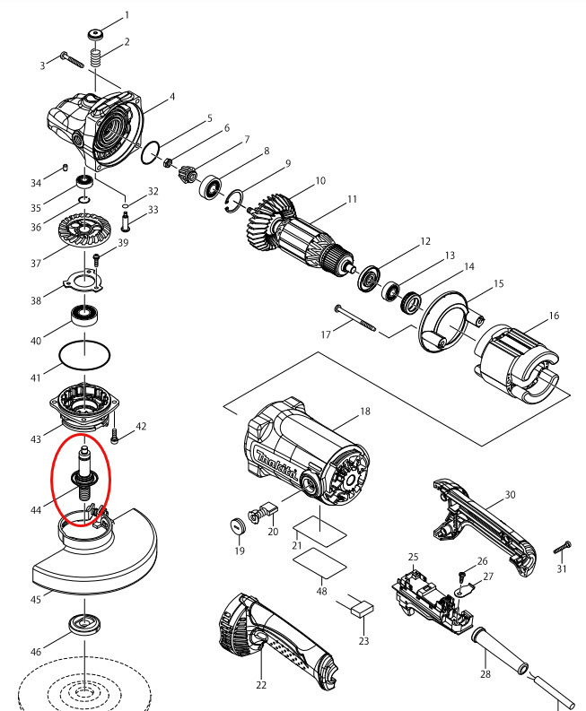 แกนจับใบ, แกนเฟือง Makita GA7050, GA9050 [#44] Pn.140224-7 (แท้) ##