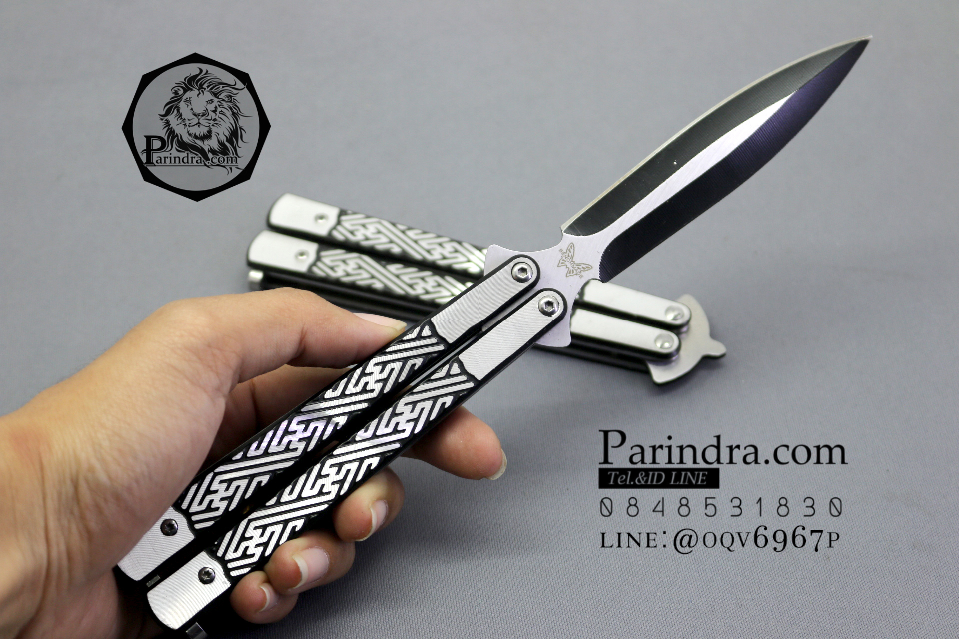 มีดบาลีซอง Balisong มีดควง มีดปีกผีเสื้อ ลายเส้นคู่ ดำตัดเงิน BLA026