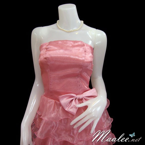 Sale ชุดราตรีสั้น เกาะอกผ้าแก้ว สีแดง แต่งโบว์ที่เอว ชายกระโปรงระบายบางใสน่ารัก