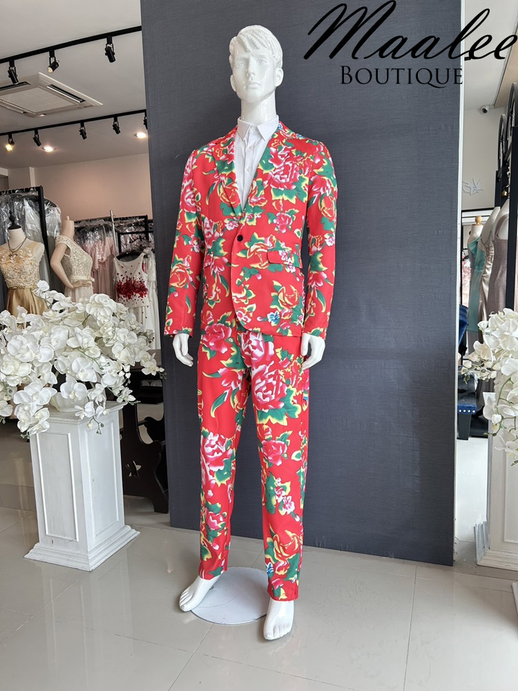 พร้อมเช่า ชุดสูทชาย สูทจีน ลายดอก สีแดง