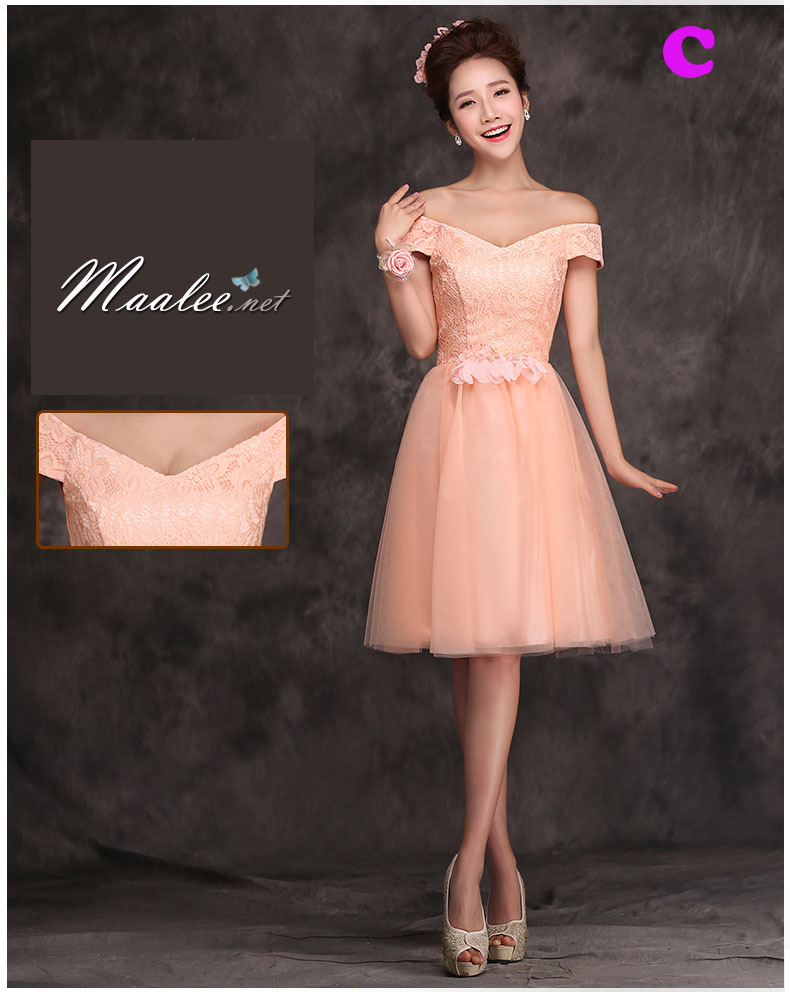 พร้อมส่ง ชุดราตรีสั้น ชุดเพื่อนเจ้าสาว PE-619 สีโอโรส แบบ C ไหล่ปาด ช่วงอกแต่งลูกไม้ เอวแต่งกลีบดอกไม้สวย (เชือกผูกหลัง)