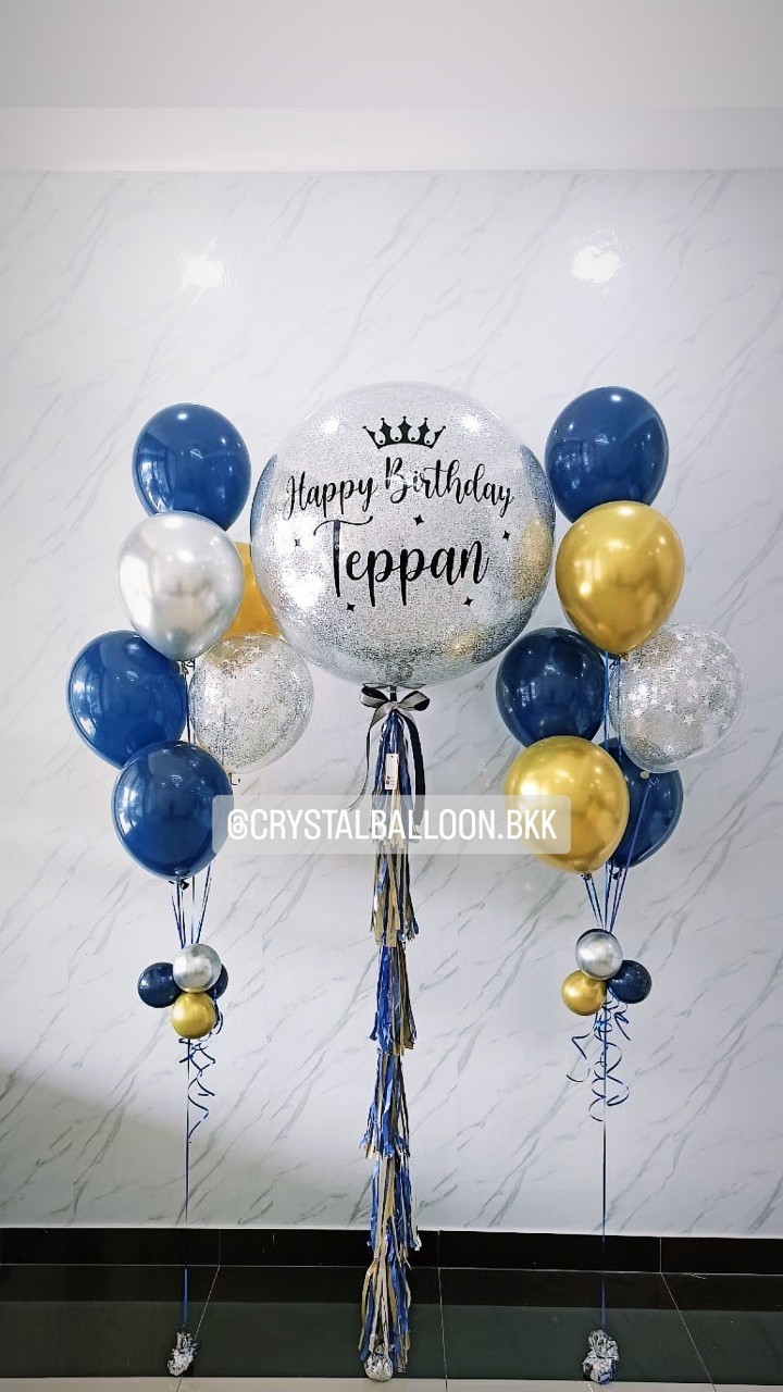 ลูกโป่ง วันเกิด Bubble ขนาด 36" Theme Dark Blue-ทอง พร้อมตกแต่ง ช่อลูกโป่ง 7 ลูก 2 ช่อ,ลูกโป่งใส ใส่กลิตเตอร์ สามารถเปลี่ยนสีลูกโป่ง/เปลี่ยนข้อความ/เปลี่ยนขนาดได้
