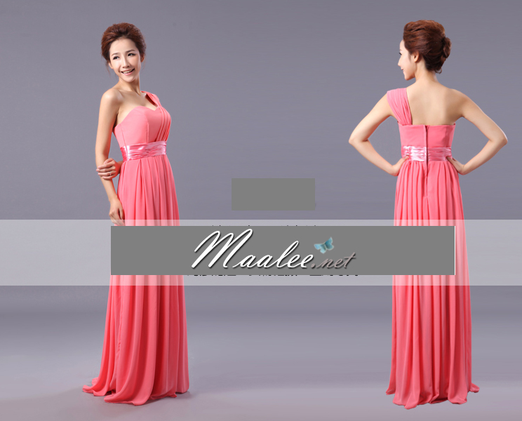 พร้อมส่ง ชุดราตรียาว เกาะอก ไหล่เดียว ผ้าชีฟองพลิ้วสวย คอ sweet heart แต่งเอวผ้าซาติน สีชมพู