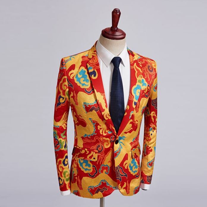 พร้อมเช่า ชุดสูทจีนชาย โทนสีส้มแดง ทอลายในเนื้อผ้า แบบหรูหรา สไตล์จีน