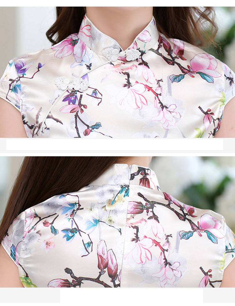 พร้อมส่ง กี่เพ้า สีครีม ผ้าซาติน พิมพ์ลาย ดอกไม้ สีพาสเทล สวยหวาน (L,2XL)