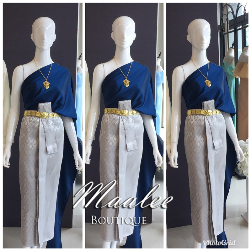 เช่า ชุดไทย ชุดเพื่อนเจ้าสาว ชุดไทยผ้าถุงสีเทาเงิน สไบเรียบ สีกรมท่า