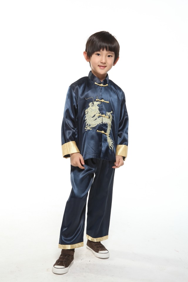 พร้อมเช่า ชุดจีนชายเด็ก เสื้อคอจีน ผ้าไหมจีน สีกรม ปักลายมังกร (เฉพาะ 1 ขวบ)