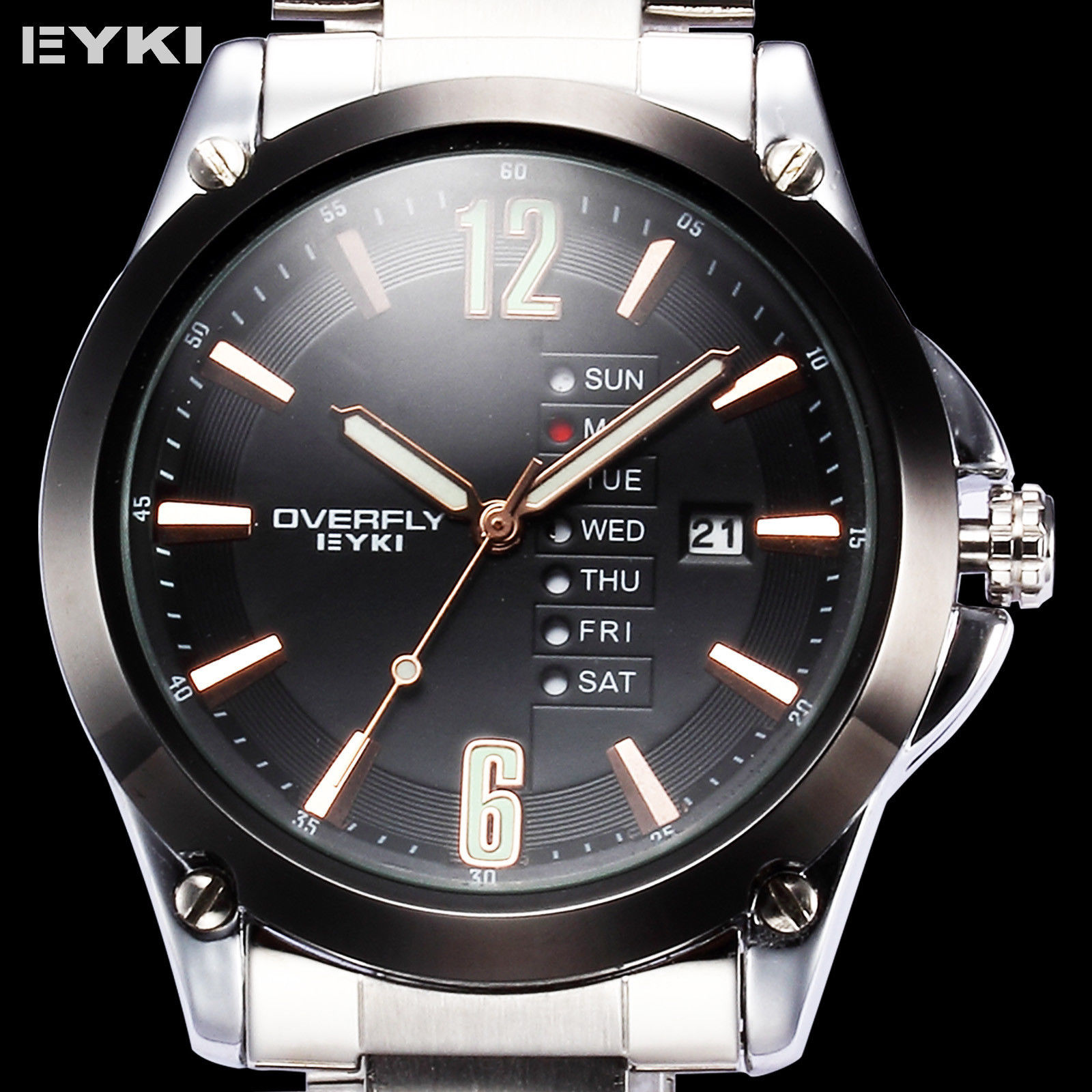 นาฬิกา EYKI OVERFLY (วันที่จุดเรียง) สายเงินสแตนเลสหน้าปัดสีดำ