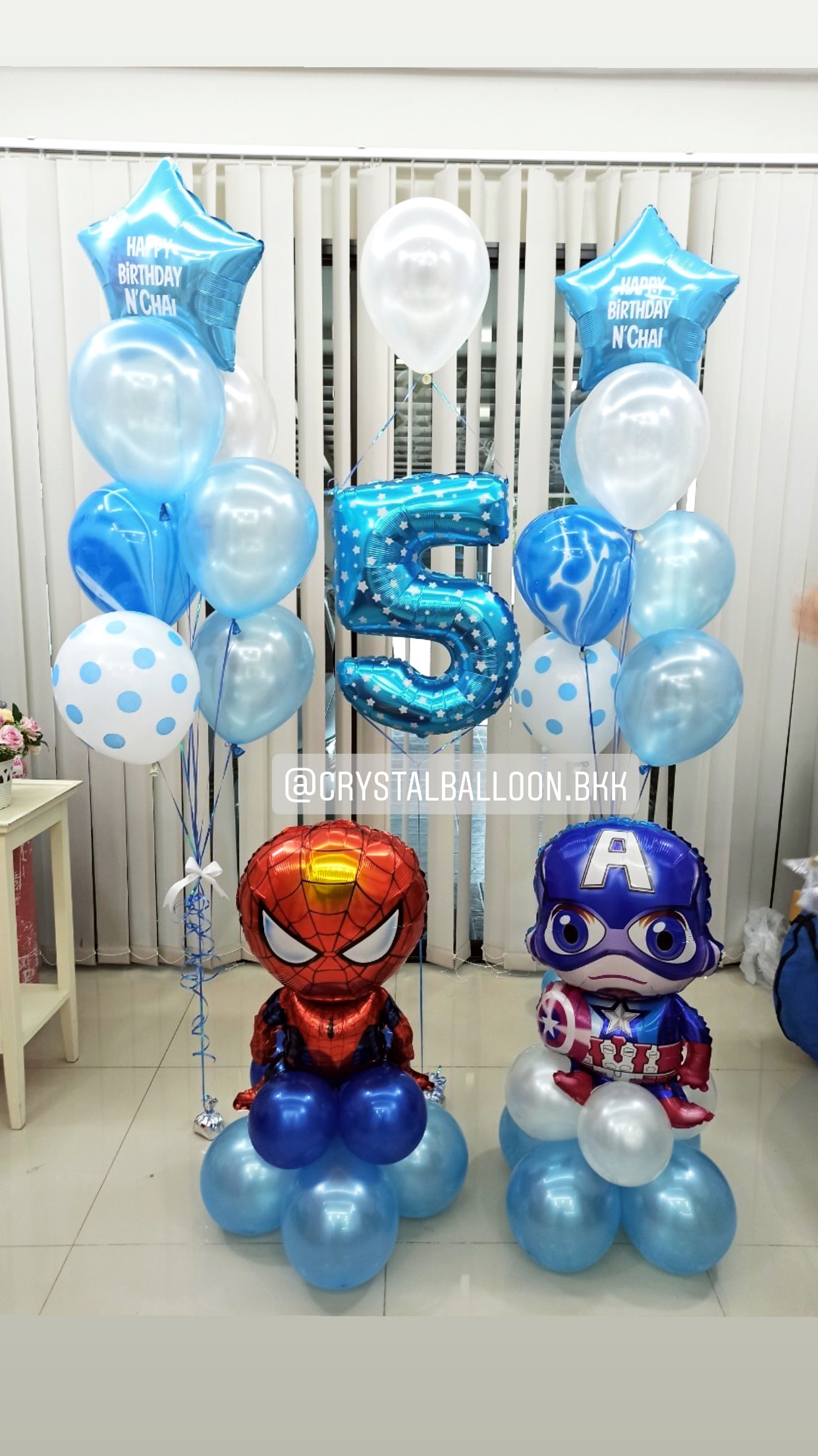 ลูกโป่ง วันเกิดเด็กชาย Theme Spider-Man/Captain America พร้อม ช่อลูกโป่งฟอยล์ดาว 24" 2 ช่อ,ลูกโป่งลายจุด,ลูกโป่งลายหิน 2 ลูก,ฟอยล์ตัวเลข ขนาด 40" 1 ชิ้น พร้อมตกเเต่ง สามารถเปลี่ยนสีลูกโป่ง/เปลี่ยนสี-ฟอยล์ตัวเลข/เปลี่ยนฟอยล์การ์ตูน/เปลี่ยนข้อความ