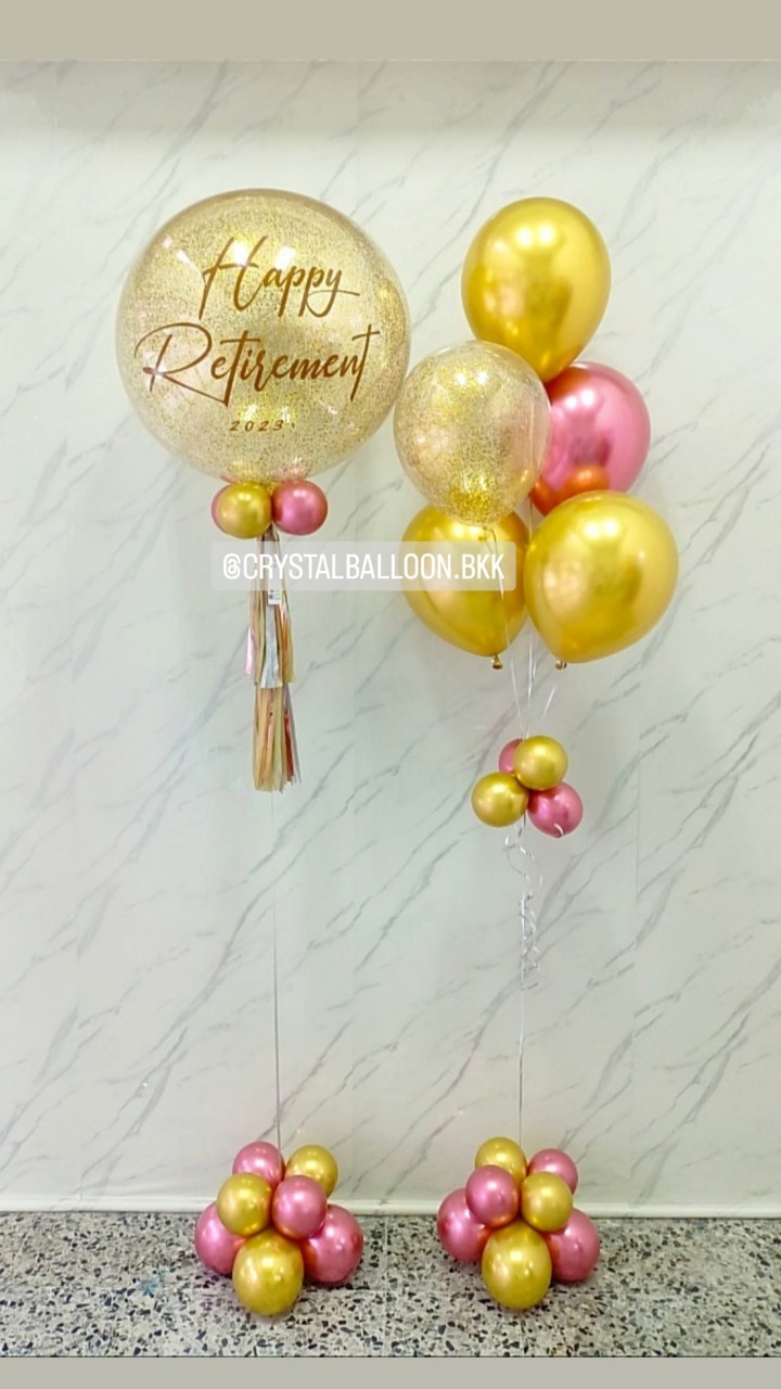ลูกโป่ง วันอำลา Bubble ขนาด 24" กลิตเตอร์สีทอง พร้อม ช่อลูกโป่ง ช่อ 5 ลูก 1 ช่อ พร้อมตกเเต่ง สามารถเปลี่ยนสีลูกโป่ง/เปลี่ยนขนาด/เปลี่ยนข้อความได้