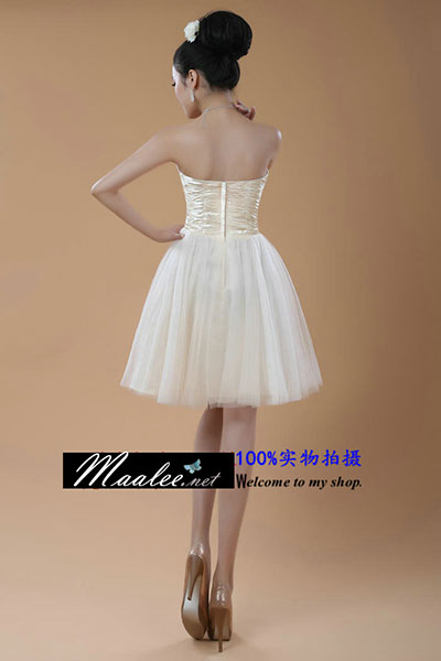 พร้อมเช่า ชุดราตรีสั้น เกาะอก สีครีม Champagne แต่งแถบผ้าซาติน ปักเลื่อมคริสตัล ช่วงเอว