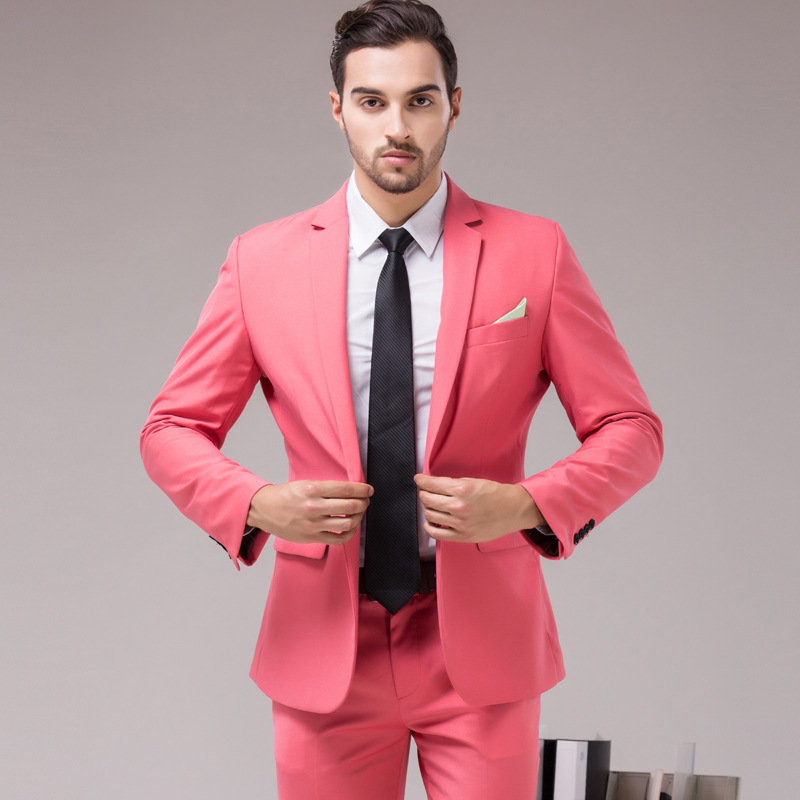 พร้อมเช่า ชุดสูทชาย สูทสีชมพูอมส้ม Coral Pink (ไม่มีเสื้อกั๊ก)