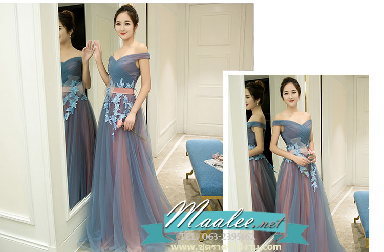 พร้อมเช่า ชุดราตรียาว แบบไหล่ปาด สีเทา-ชมพู Two Tone สไตล์เจ้าหญิง สวยหวานน่ารักมาก เนื้อผ้าตาข่าย แต่งโบว์และลูกไม้ช่วงเอว (เชือกผูกหลัง)