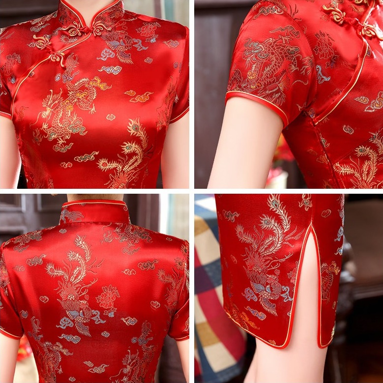 Pre-order กี่เพ้าสั้น สีฟ้า ลายมังกรนกฟินิกซ์ ผ้าไหมจีน กุ๊นขอบ ตัดเย็บอย่างดี