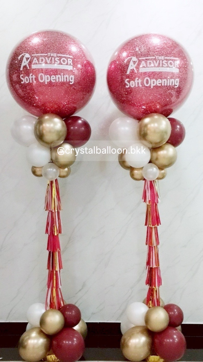 เสาลูกโป่ง เปิดงาน Bubble ขนาด 36" กลิตเตอร์สีแดง 2 เสา พร้อมตกแต่ง สามารถเปลี่ยนสีลูกโป่ง/เปลี่ยนข้อความได้