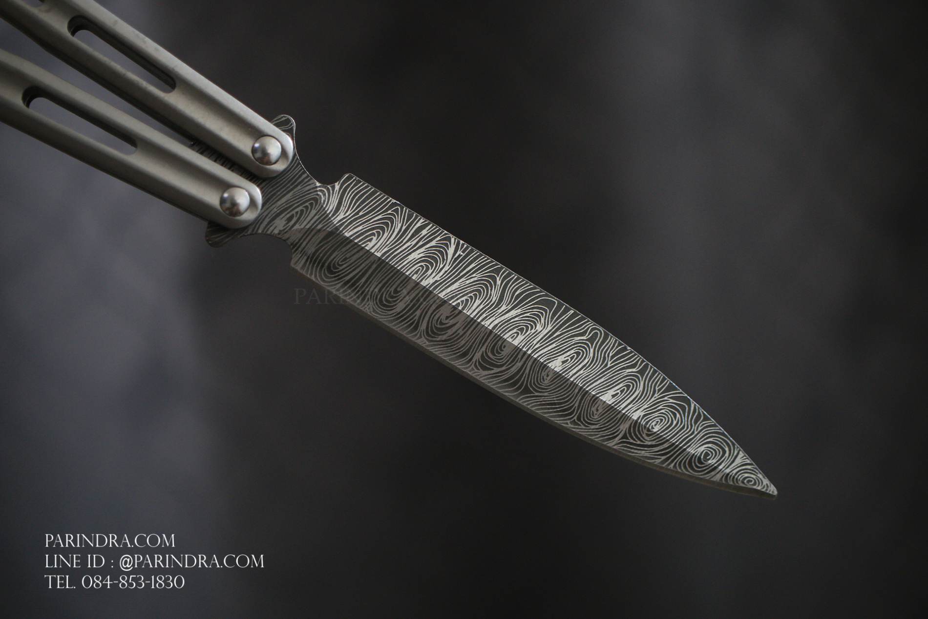 มีดบาลีซอง Balisong มีดควง มีดปีกผีเสื้อ ใบมีดยิงเลเซอร์ลายดามัสกัส