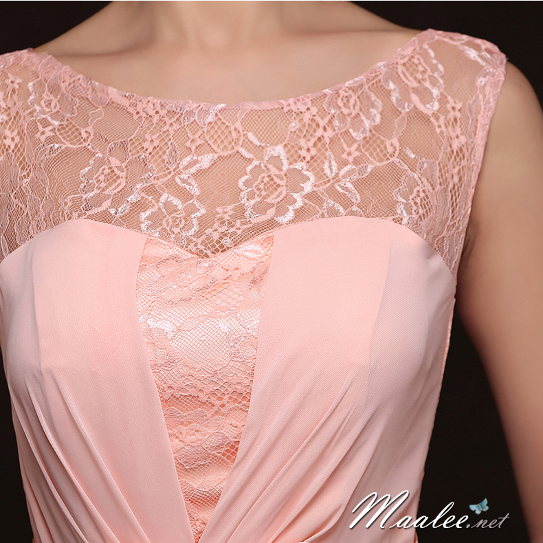 พร้อมส่ง ชุดราตรียาว แบบแขนกุด ผ้าชีฟอง แต่งผ้าลูกไม้ & โบว์ช่วงเอว สวยหวาน สีชมพู (เชือกผูกหลัง)