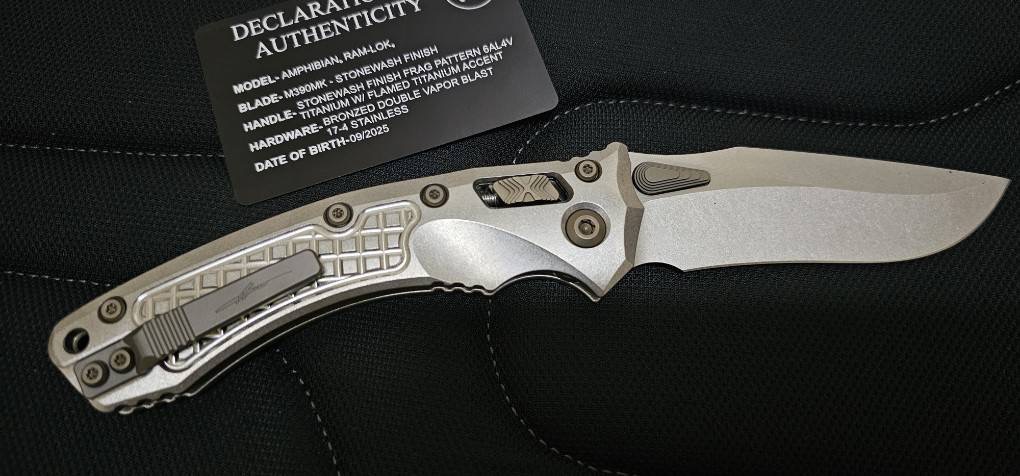 Microtech Marfione Select Amphibian RAM-LOK Manual Folding Knife 3.875" Bohler M390MK Stonewashed Clip Point Plain Blade and Frag Titanium Handles, Flamed Titanium Accents, AXIS/Crossbar Lock