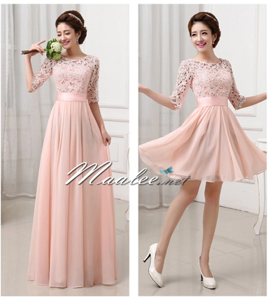 พร้อมเช่า ชุดราตรีสั้น สีชมพู แขนสามส่วน ลูกไม้ฉลุ กระโปรงผ้าชีฟอง