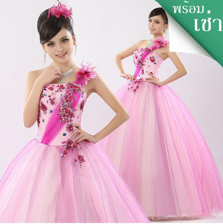 พร้อมเช่า ชุดแฟนซี ชุดราตรียาว ไหล่เฉียง สีชมพูหวาน ปักเลื่อมสีอัญมณี