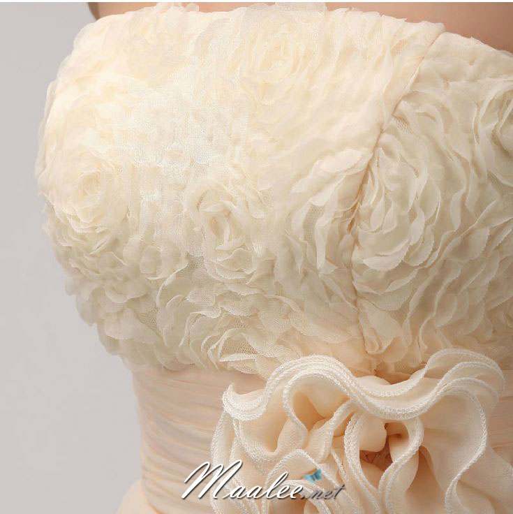 พร้อมส่ง ชุดราตรีสั้น เกาะอก สีครีม Champagne กระโปรงสองชั้น แต่งลูกไม้