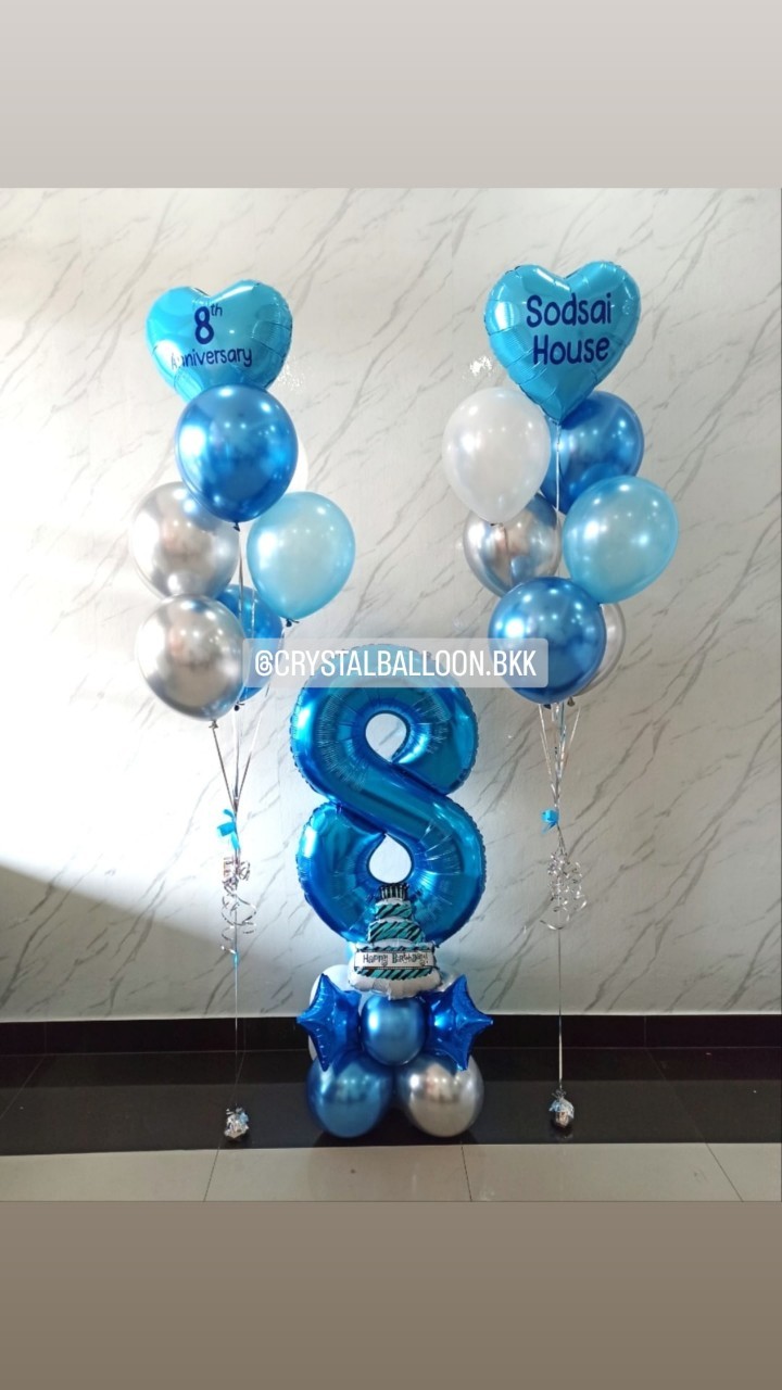 ลูกโป่ง วันเกิดเด็ก ช่อลูกโป่งฟอยล์หัวใจสีฟ้า ขนาด 18" ช่อ 7 ลูก 2 ช่อ สีน้ำเงินโครเมี่ยม/เงินโครเมี่ยม/ขาวมุก/ฟ้ามุก พร้อม ฟอยล์ตัวเลขสีฟ้า ขนาด 40" ตั้งฐาน 1 ชิ้น พร้อมตกแต่ง สามารถเปลี่ยนสีลูกโป่ง/เปลี่ยนข้อความ/เปลี่ยนสี-ฟอยล์ตัวเลขได้