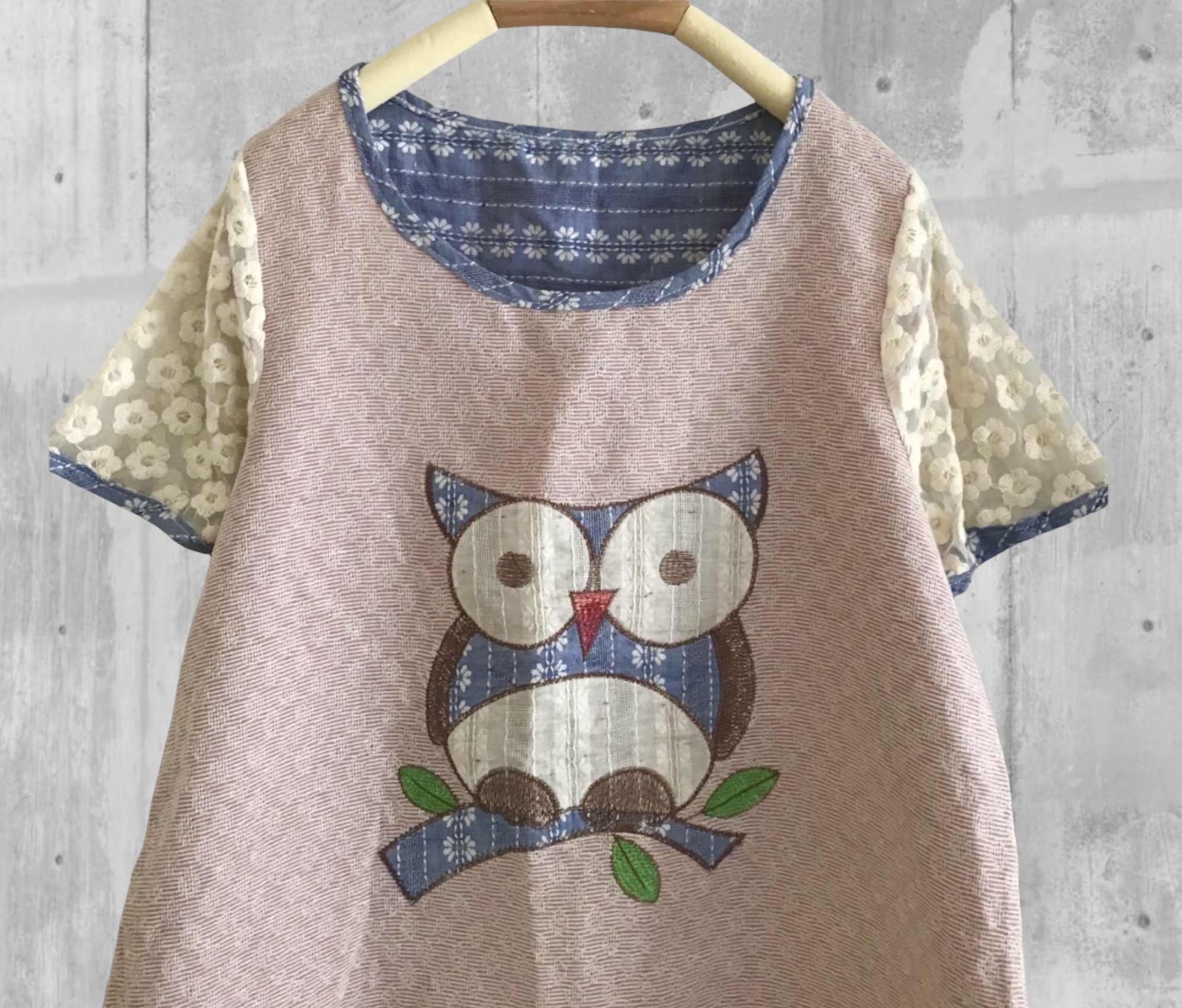 เสื้อผ้าฝ้ายปักลายนกฮูกแต่งลูกไม้