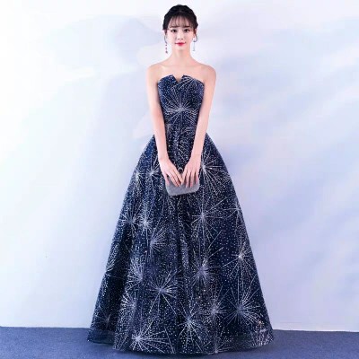 พร้อมเช่า ชุดแฟนซี ชุดราตรี เกาะอก สีNAVY BLUE กลิตเตอร์ทั้งตัว ลายอวกาศ