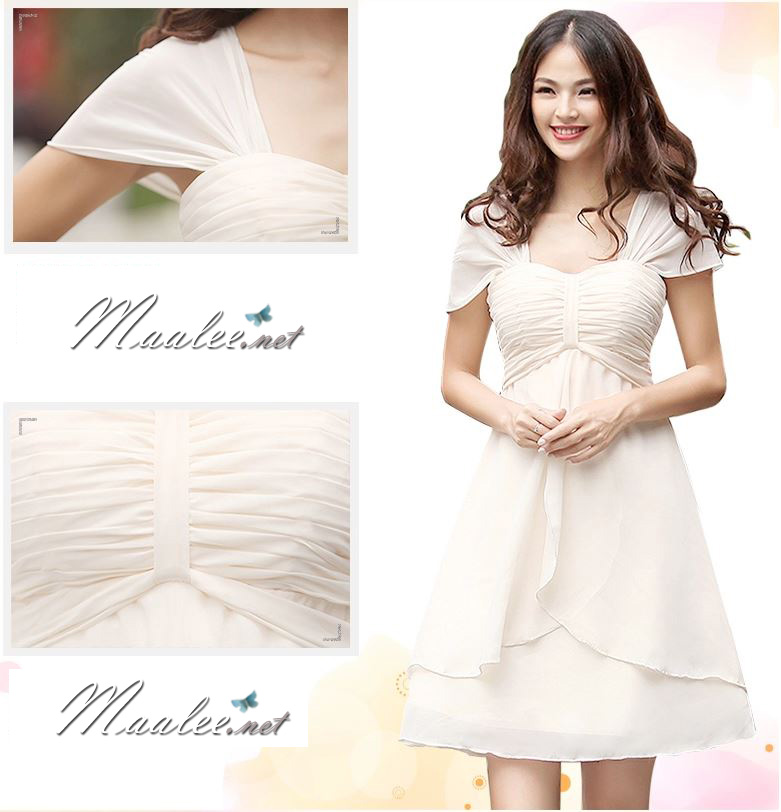 พร้อมส่ง ชุดราตรีสั้น แบบปิดไหล่ สไตล์เรียบหรู สีครีม อกจับจีบพร้อมเชือกผูกเป็นโบว์ (คนท้องใส่ได้)