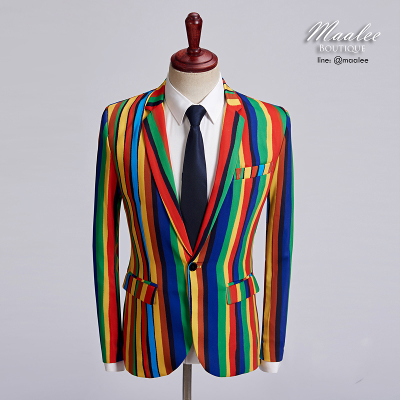 พร้อมเช่า เสื้อสูท แฟนซี สีรุ้ง Colorful สูทลูกทุ่ง กับกางเกงสแลคสีดำ