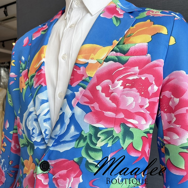 พร้อมเช่า ชุดสูทชาย สูทจีน ลายดอก สีน้ำเงิน