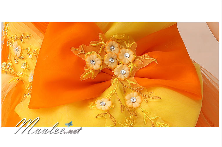 พร้อมเช่า ชุดแฟนซี ชุดราตรี ไหล่เดียว สีส้มแต่งระบายสีเหลือง น่ารัก แต่งโบว์เพิ่มความหวาน