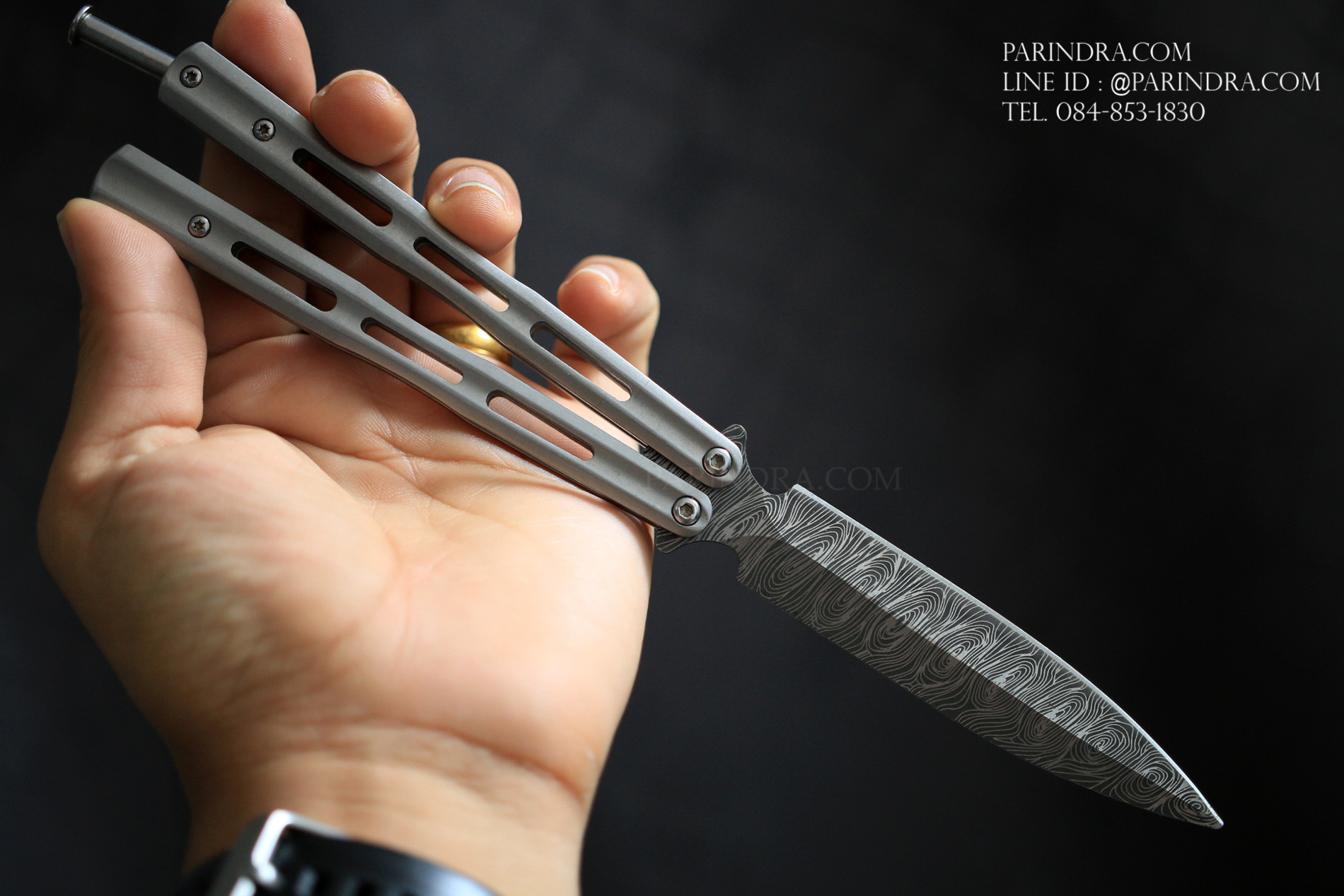 มีดบาลีซอง Balisong มีดควง มีดปีกผีเสื้อ ใบมีดยิงเลเซอร์ลายดามัสกัส