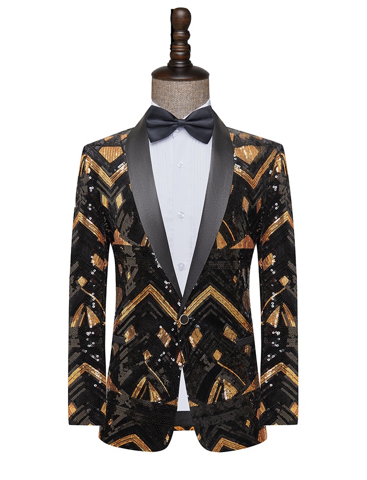 Pre-order เสื้อสูทชาย สูทแฟชั่น สูทกำมะหยี่ แต่งเลี่อม สีทองดำ