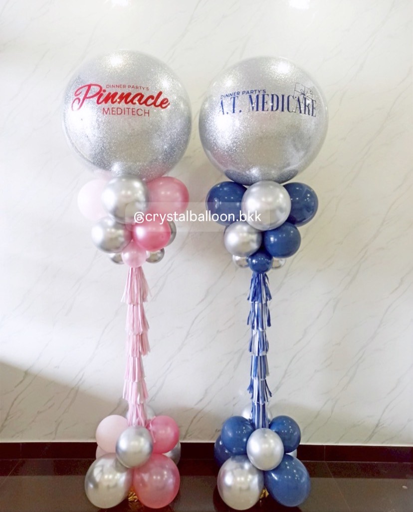 เสาลูกโป่ง เปิดงาน Bubble ขนาด 36" กลิตเตอร์สีเงิน 2 เสา พร้อมตกแต่ง สามารถเปลี่ยนสีลูกโป่ง/เปลี่ยนข้อความได้