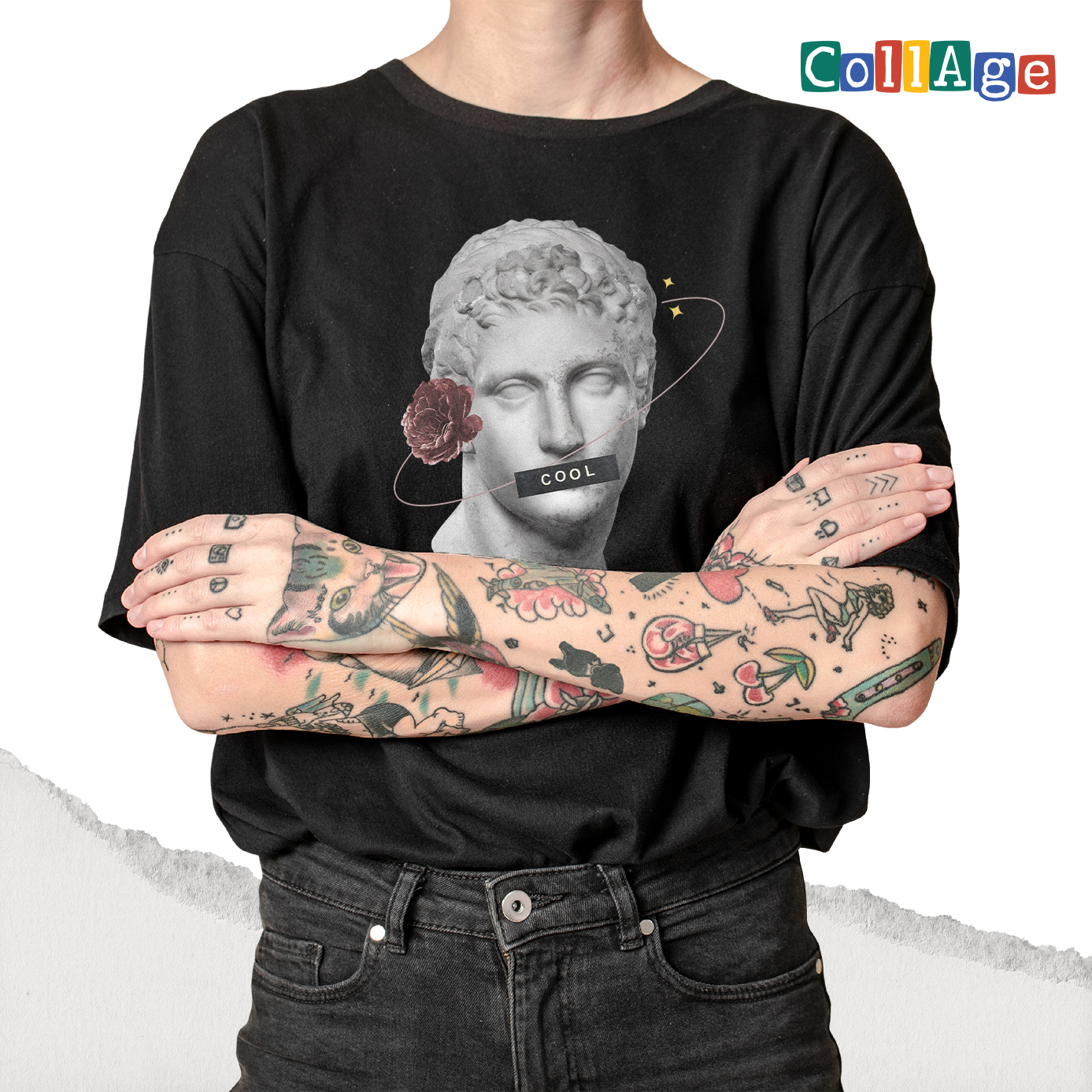 เสื้อยืดพิมพ์ลาย Collage COOL รหัส CEA00464 สีดำ #เสื้อยืด #Collage