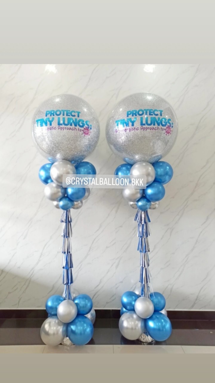 เสาลูกโป่ง เปิดงาน Bubble ขนาด 36" กลิตเตอร์สีเงิน 2 เสา พร้อมตกแต่ง สามารถเปลี่ยนสีลูกโป่ง/เปลี่ยนข้อความได้