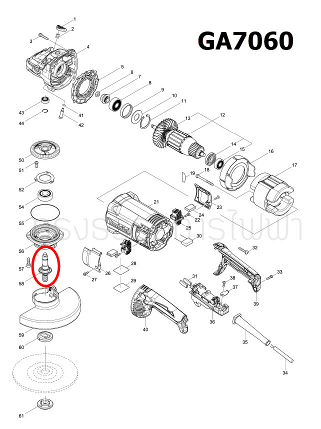 แกนเฟือง หินเจียร Makita มากีต้า GA7060, GA7062, GA9060, GA9062 [#58] Pn.143484-0 (แท้) ##