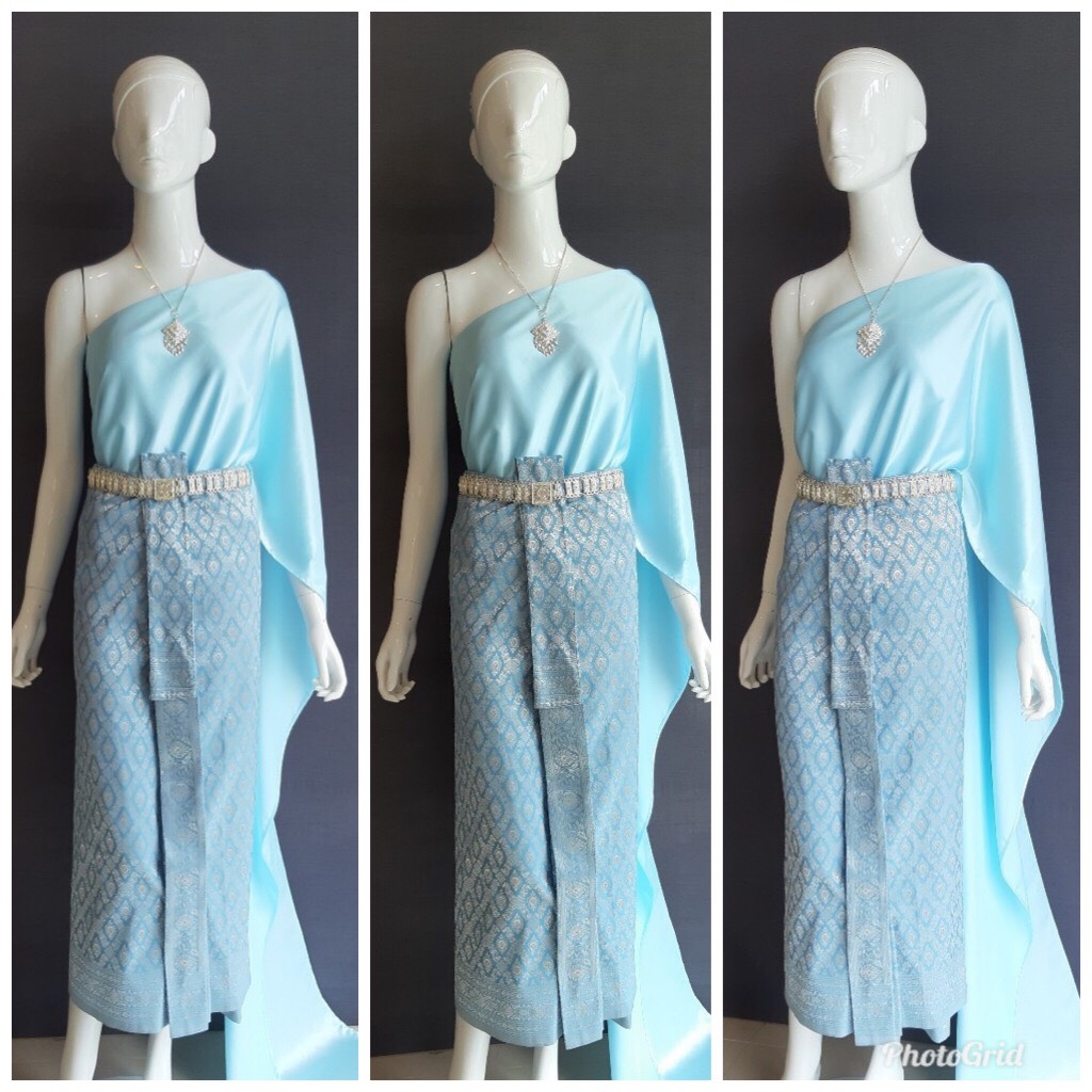 เช่า ชุดไทย ชุดเพื่อนเจ้าสาว ชุดไทยผ้าถุงสีฟ้าเทาเงิน สไบเรียบฟ้า