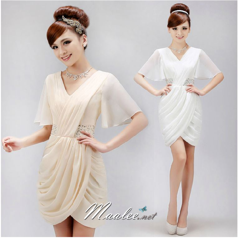 พร้อมเช่า ชุดราตรีแขนสั้น ผ้าชีฟอง สีครีม Champagne แขนย้วย แต่งเลื่อมช่วงเอว