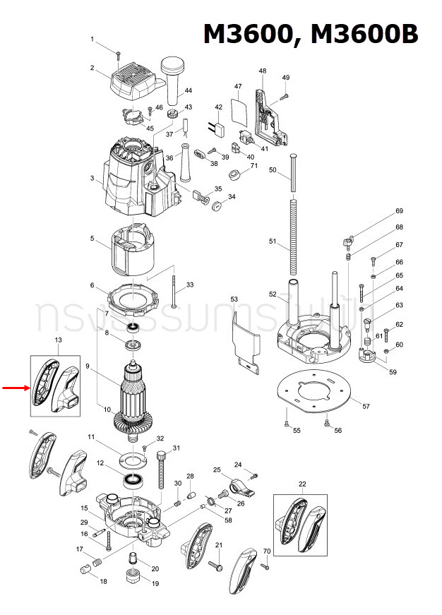 ด้ามจับด้านซ้าย เราท์เตอร์ Makita มากีต้า M3600, M3600B [#13] Pn.183C93-1 (แท้) ##